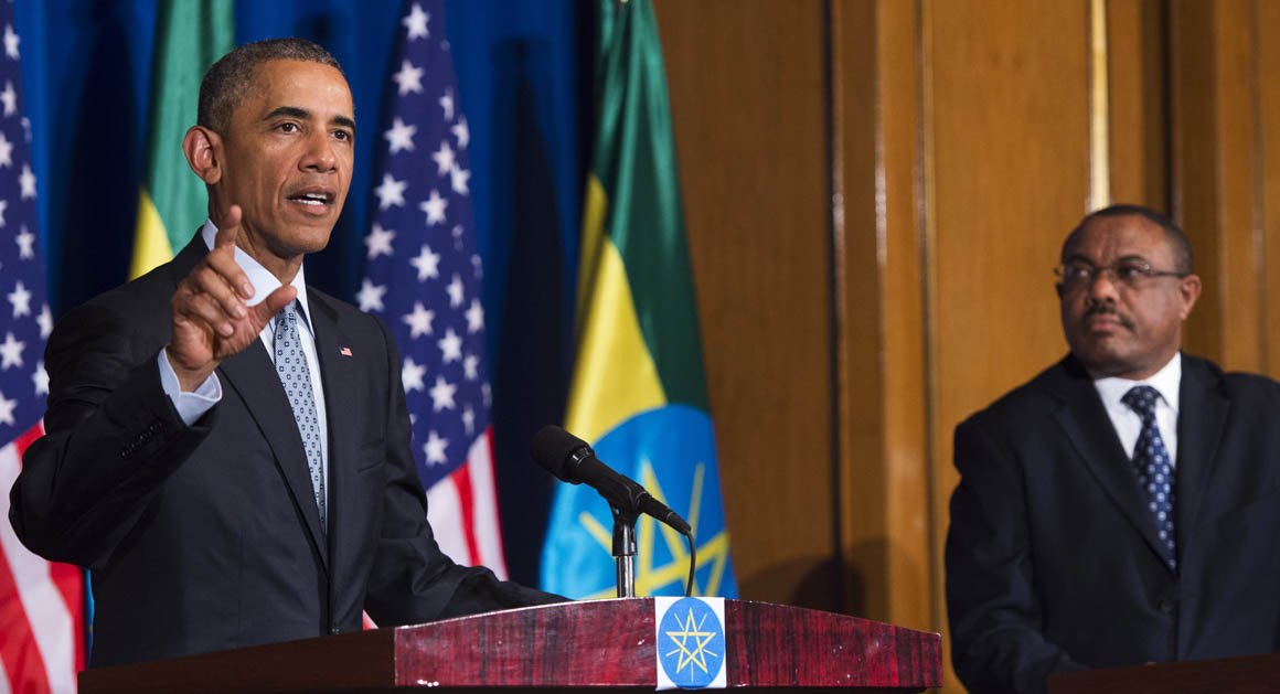 US President Barack Obama (L) speaks during a joint press conference with Ethiopian Prime Minister Hailemariam Desalegn at the National Palace in Addis Ababa on July 27, 2015. AFP PHOTO / SAUL LOEB        (Photo credit should read SAUL LOEB/AFP/Getty Images)